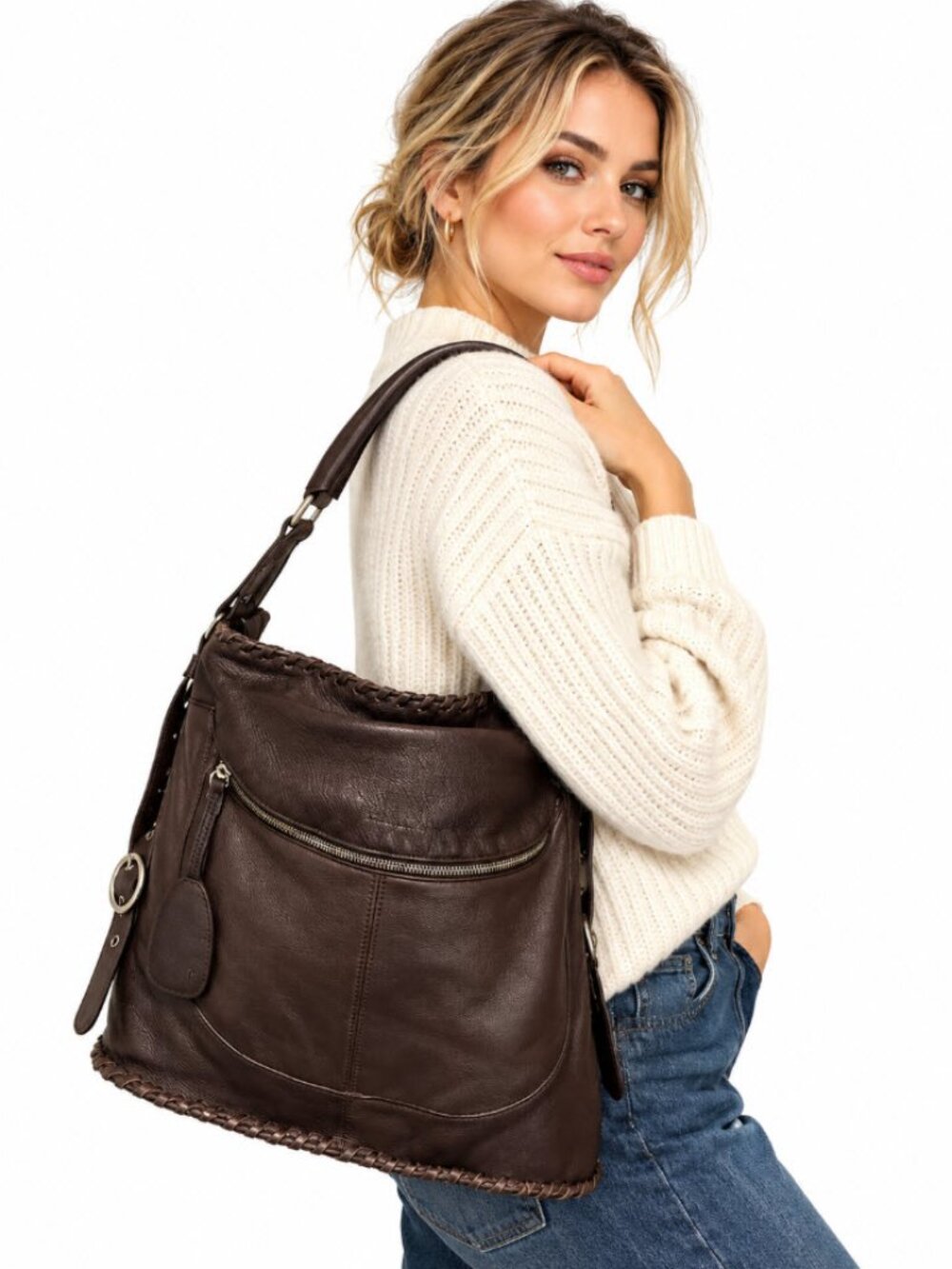 Furla Dark Brown Leather Hobo Shoulder Bag Braided Trim Italian Designer